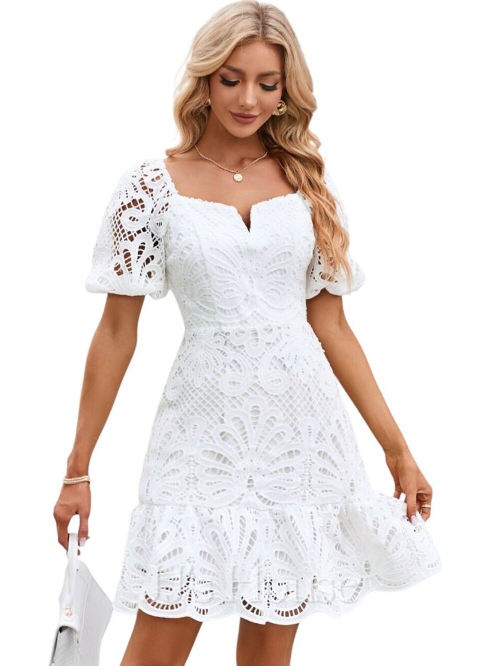 JJ's House White Crochet Lace Puff Sleeve Flounce Hem Dress Size XL